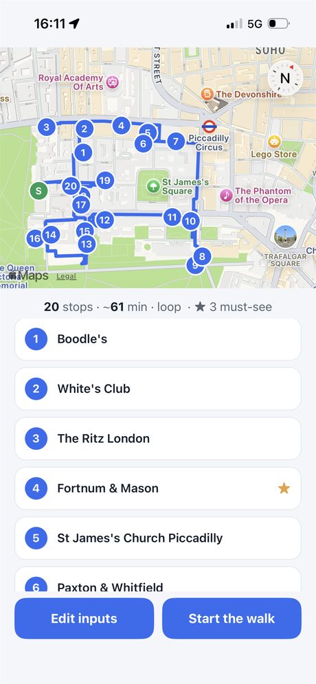 Clew Walks route preview: map of a 20-stop St James's loop with the numbered stop list beneath