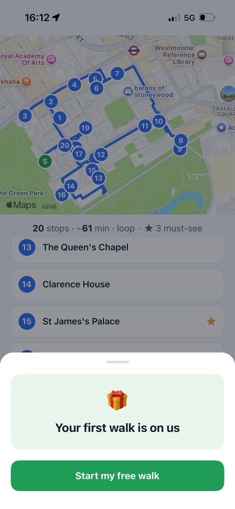 Clew Walks first-walk-free sheet: 'Your first walk is on us' over the route preview