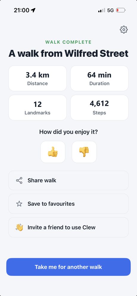 Clew Walks walk-complete screen: 3.4 km, 64 minutes, 12 landmarks and 4,612 steps, with thumbs up or down, share and save to favourites
