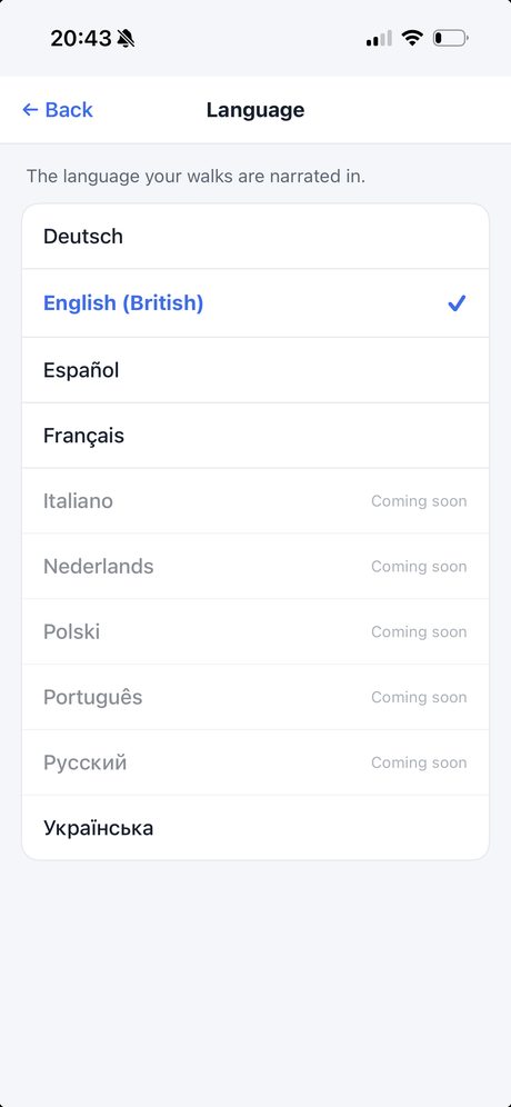 Clew Walks language screen: Deutsch, English (British) selected, Espanol, Francais and Ukrainian available, with five more marked coming soon